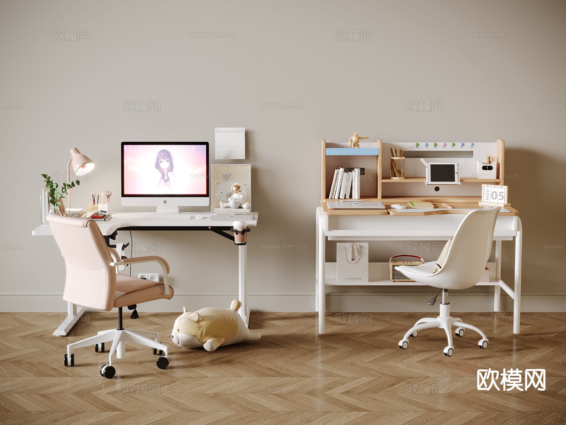 奶油风书桌椅su模型下载（渲染图2）