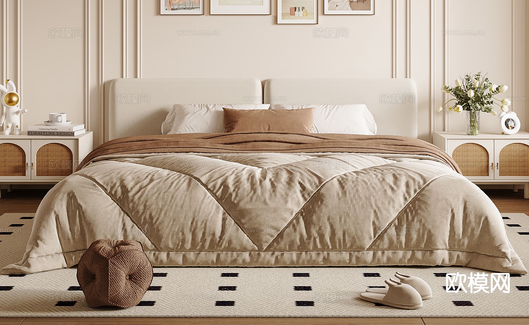 奶油风双人床3d模型下载
