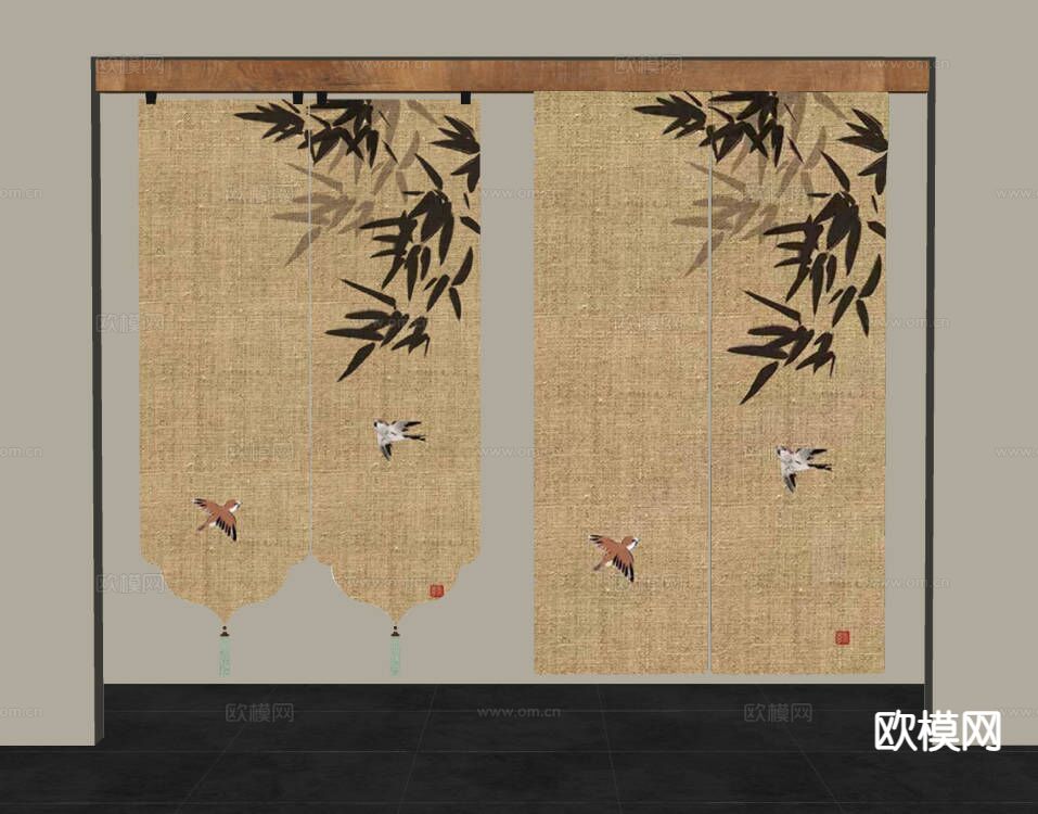 新中式布帘 门帘su模型下载（渲染图1）