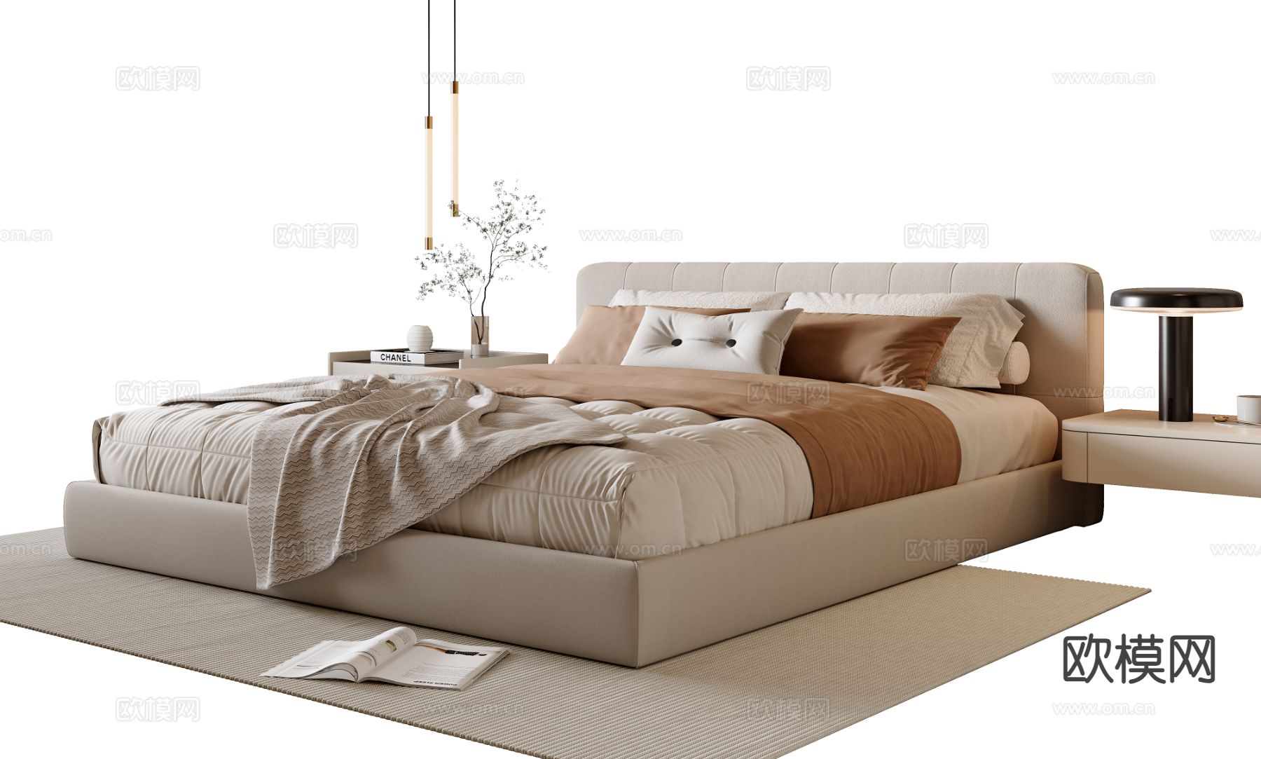 奶油风双人床3d模型下载