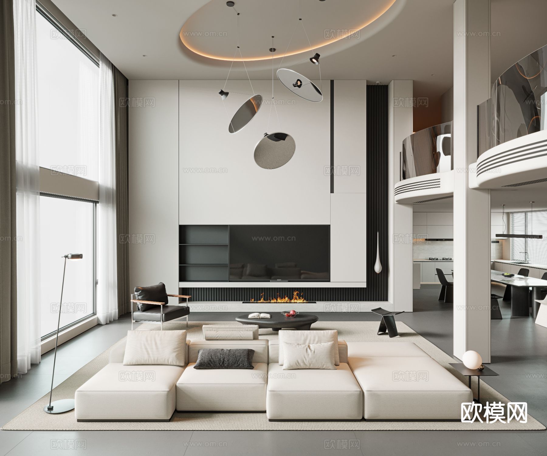 现代挑空客厅 客餐厅su模型下载（渲染图2）