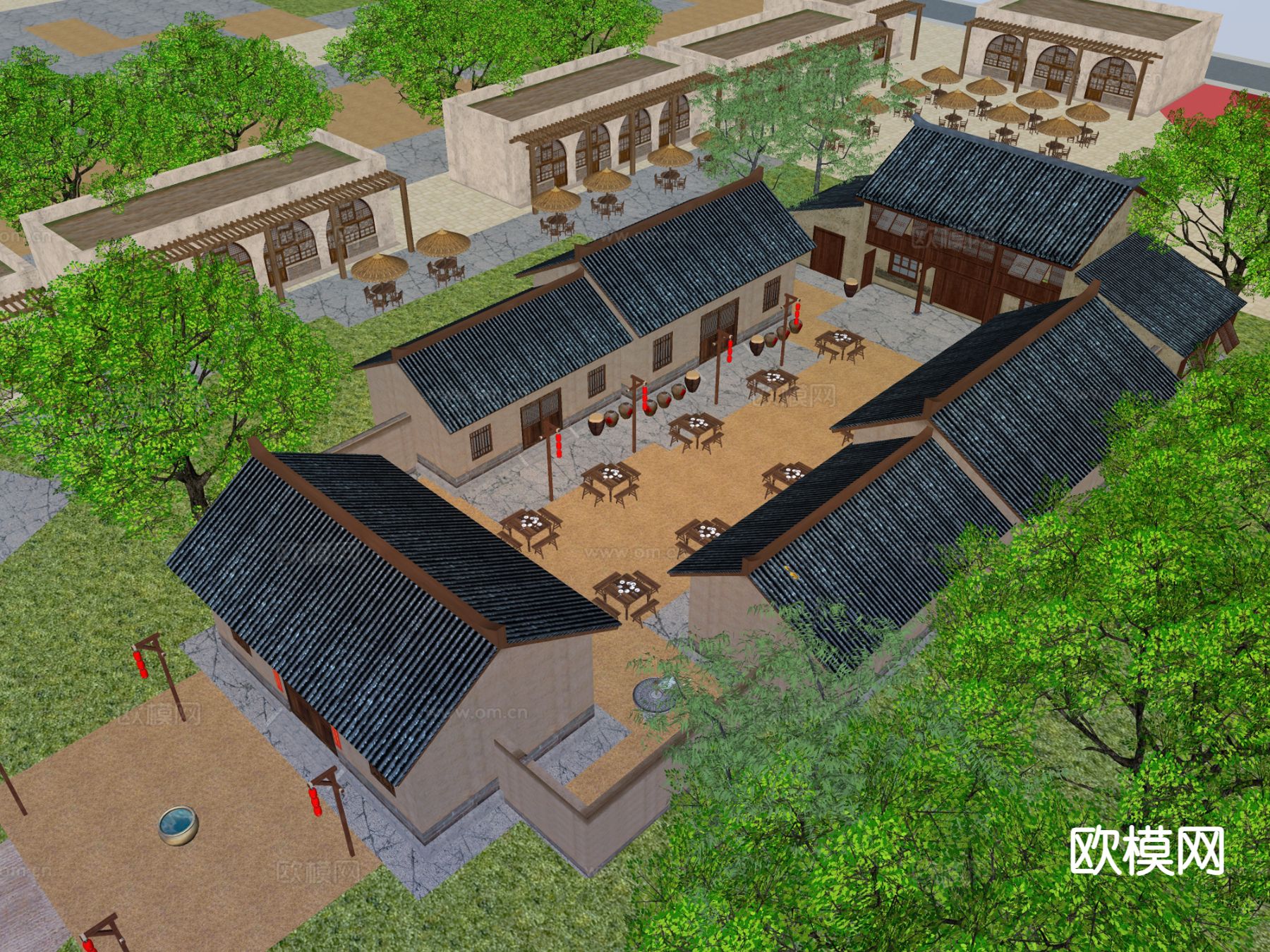 新中式红军民宿 红色文化su模型下载（渲染图1）