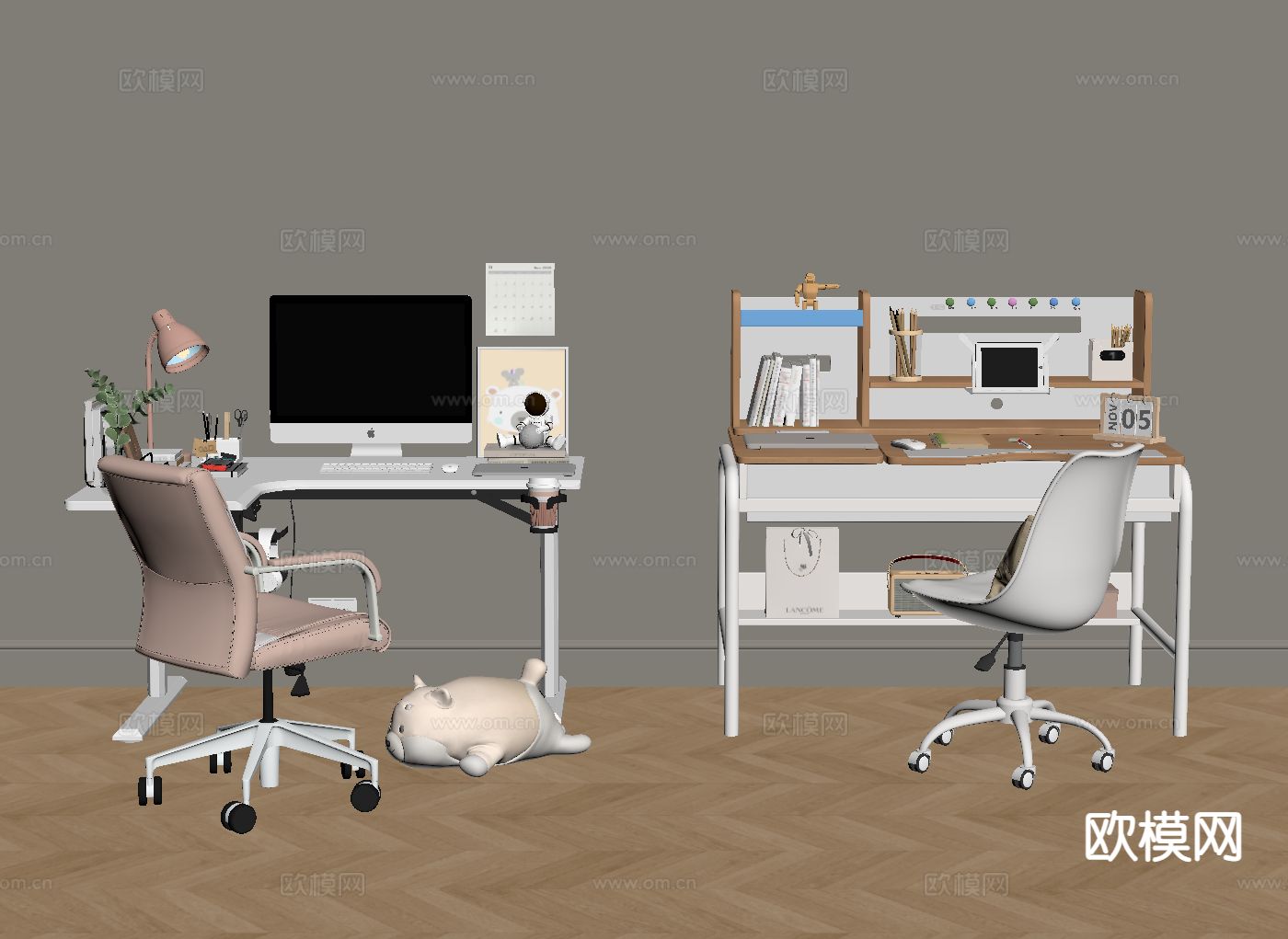 奶油风书桌椅su模型下载（渲染图1）