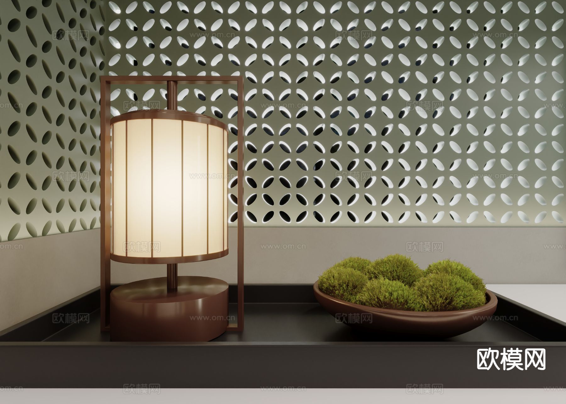 新中式台灯 盆栽苔藓su模型下载（渲染图2）