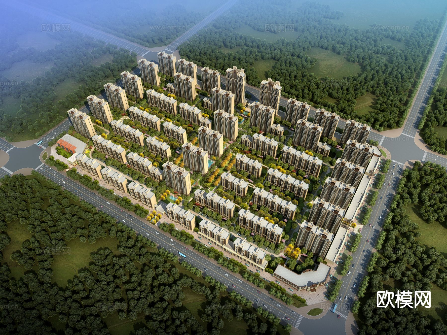 新中式 住宅小区鸟瞰3d模型下载