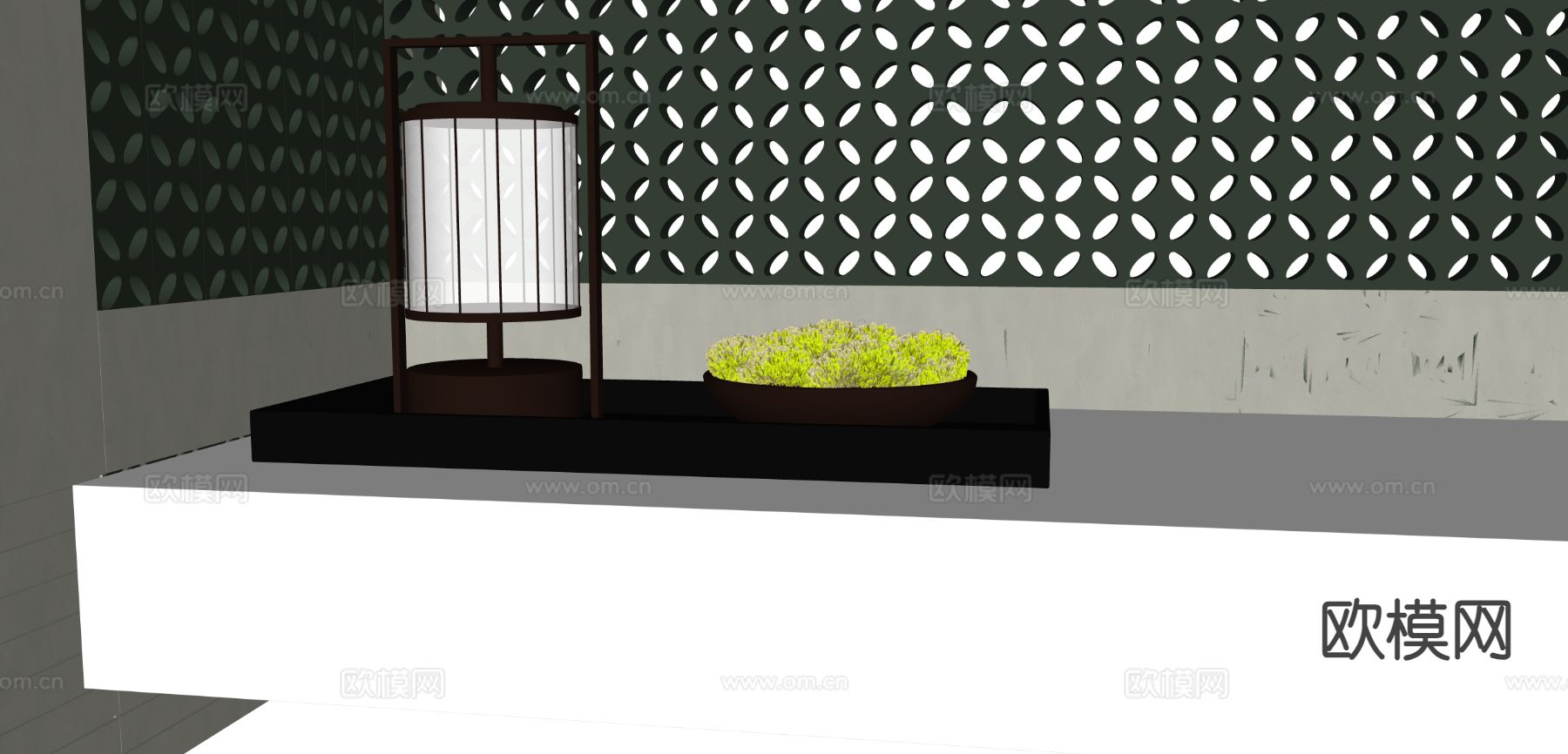 新中式台灯 盆栽苔藓su模型下载（渲染图1）