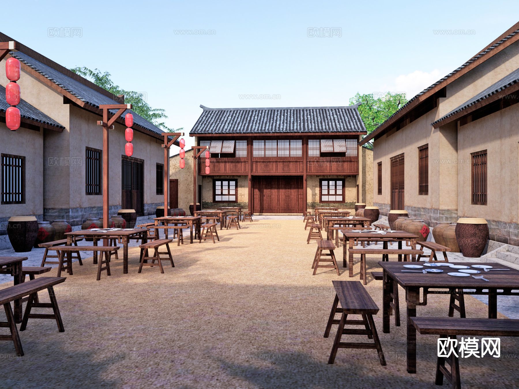 新中式红军民宿 红色文化su模型下载（渲染图2）