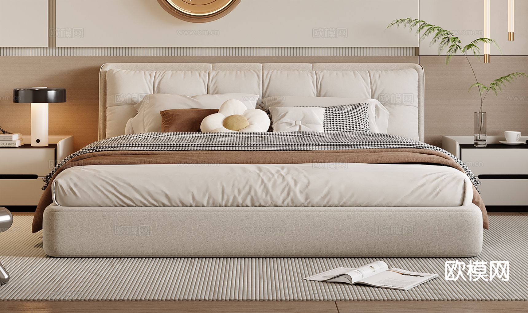 奶油风双人床3d模型下载