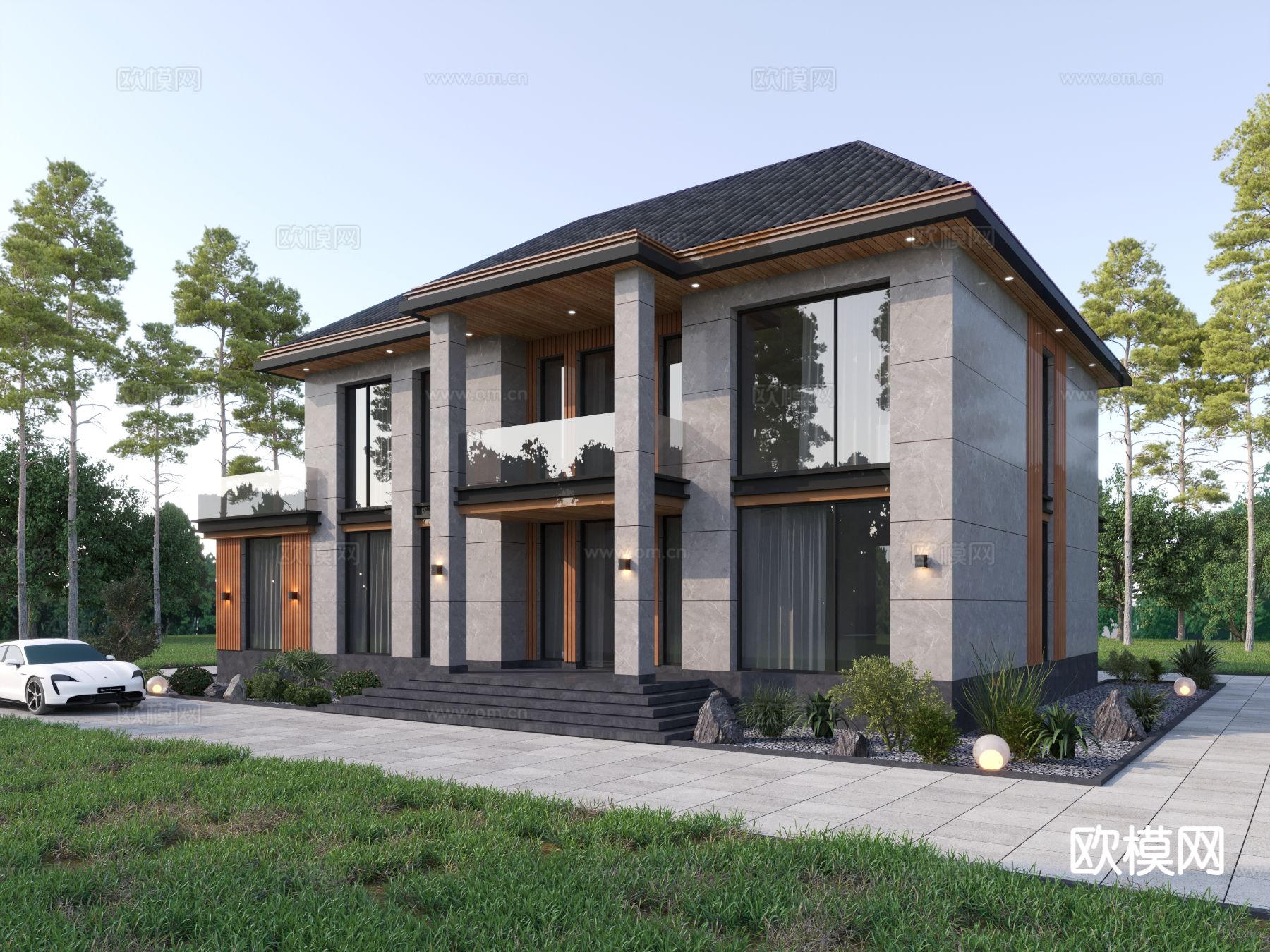 现代别墅外观3d模型下载（渲染图1）