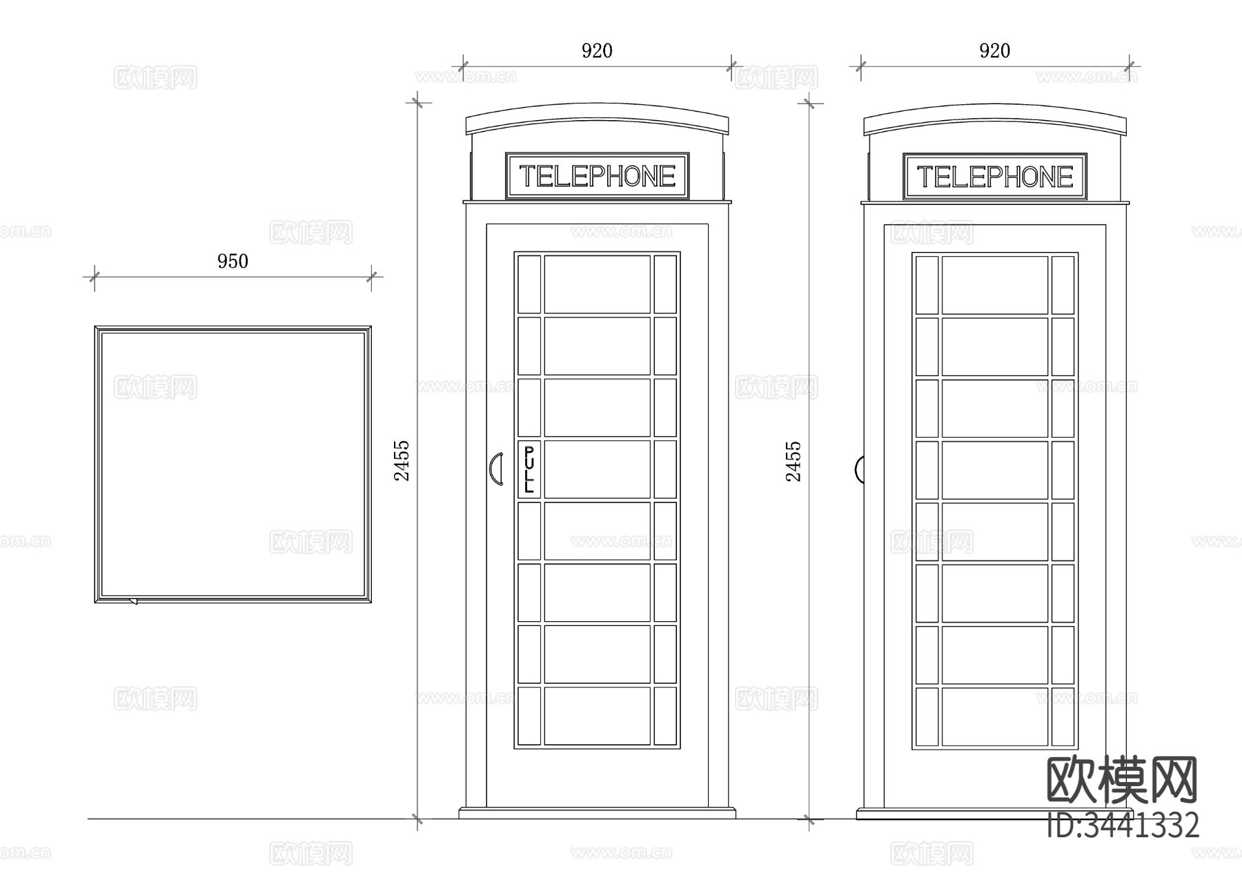 户外街头电话亭 三视图CAD施工图下载