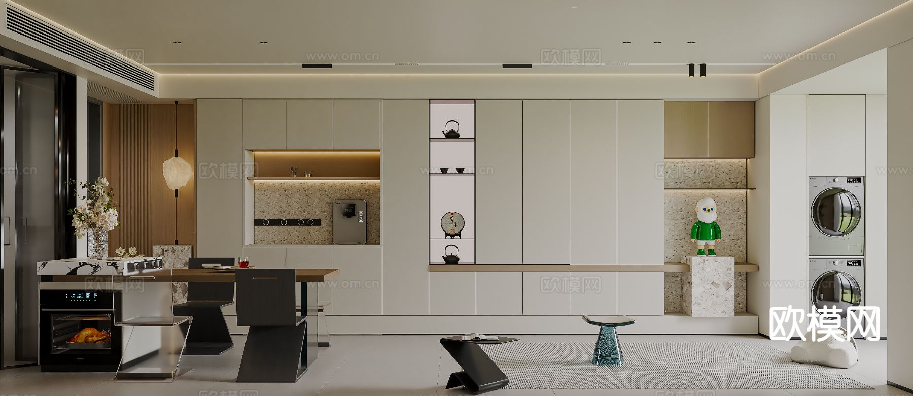 奶油风客餐厅3d模型下载（渲染图2）