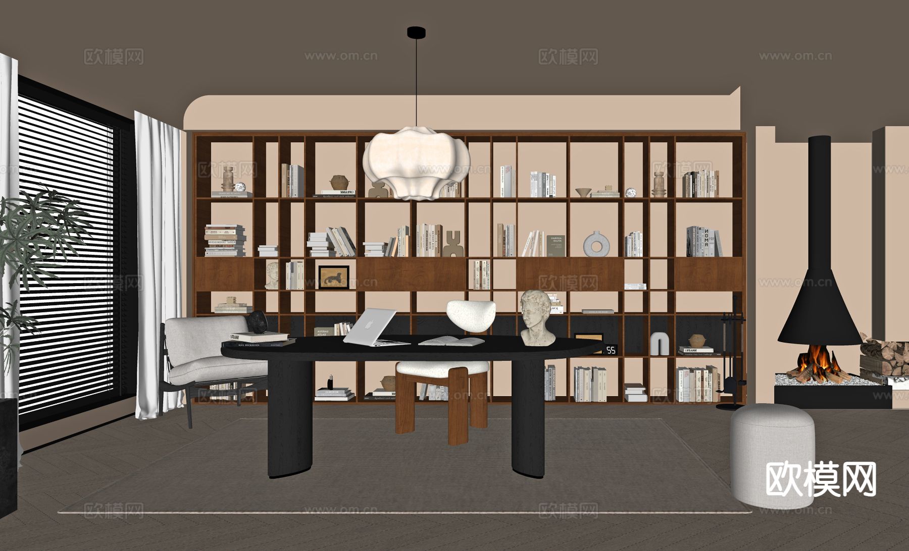 中古风书房su模型下载（渲染图1）