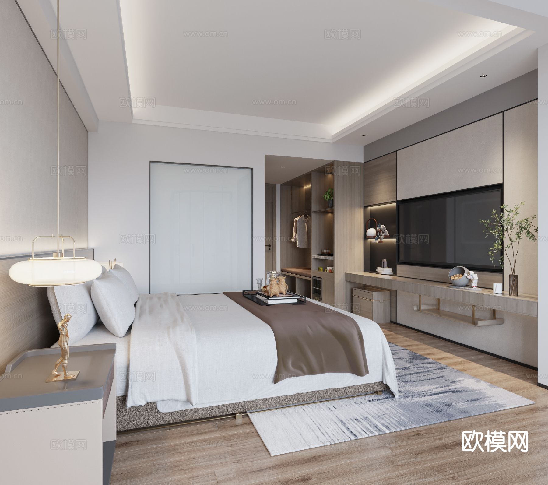 现代酒店客房 大床房3d模型下载（渲染图1）