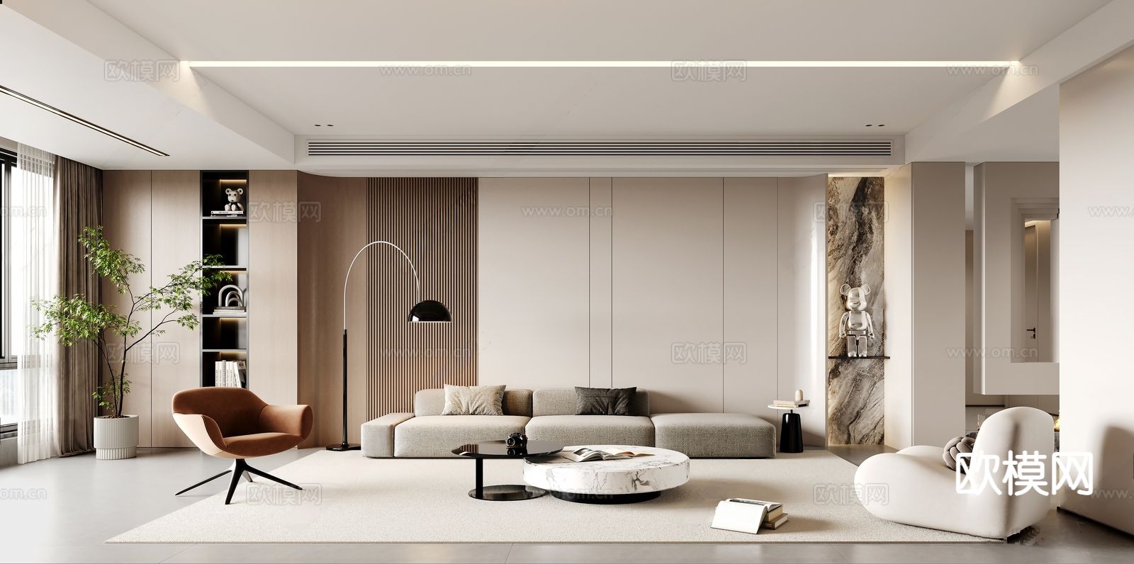 奶油风客餐厅3d模型下载（渲染图1）