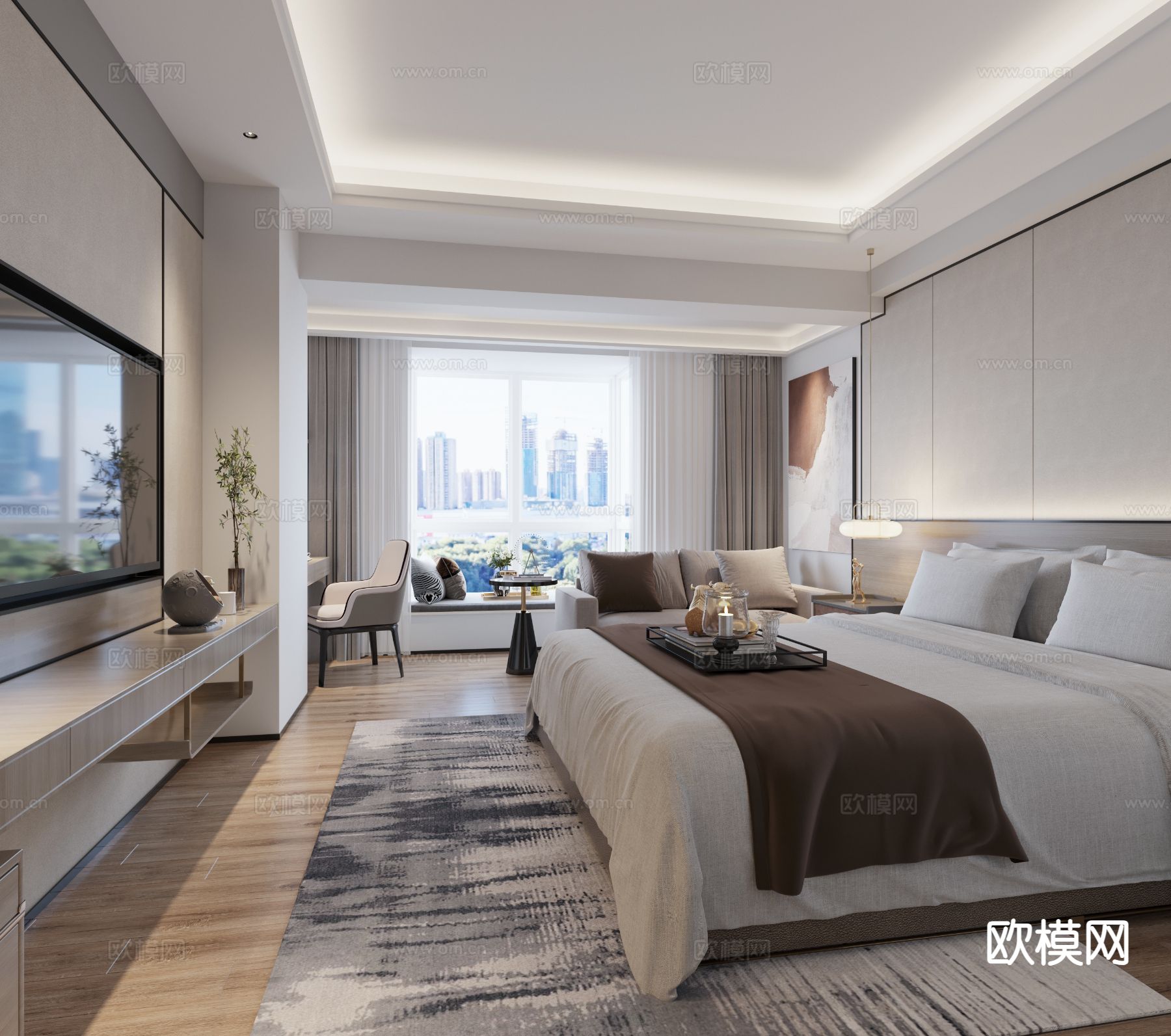 现代酒店客房 大床房3d模型下载（渲染图2）