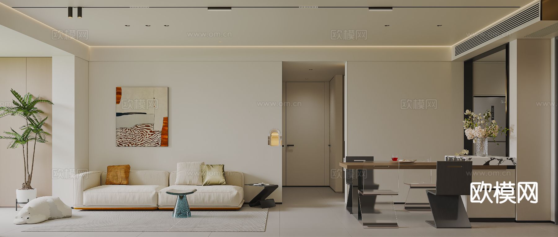 奶油风客餐厅3d模型下载（渲染图1）