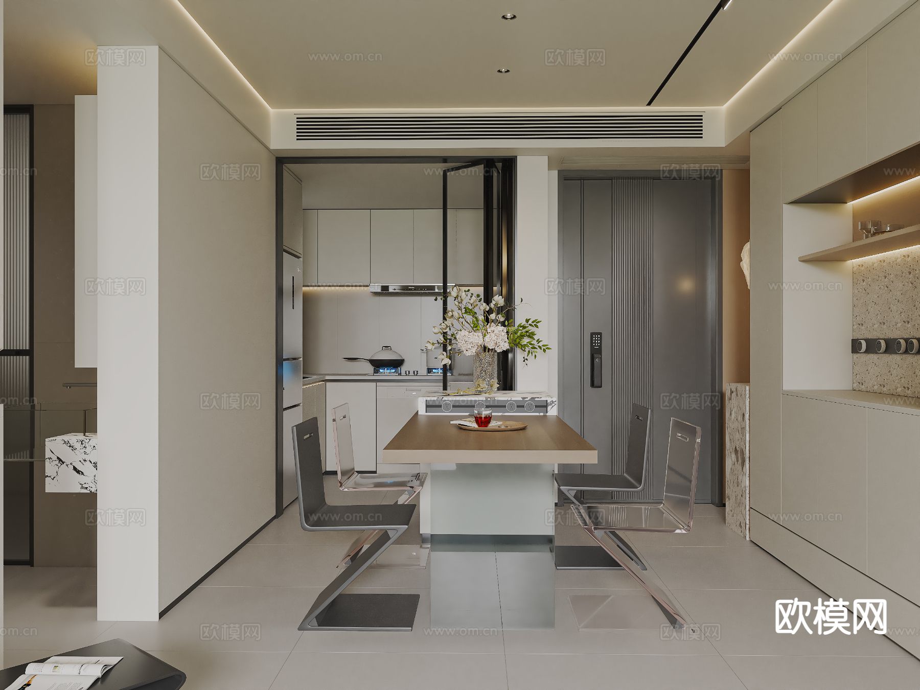 奶油风客餐厅3d模型下载（渲染图3）