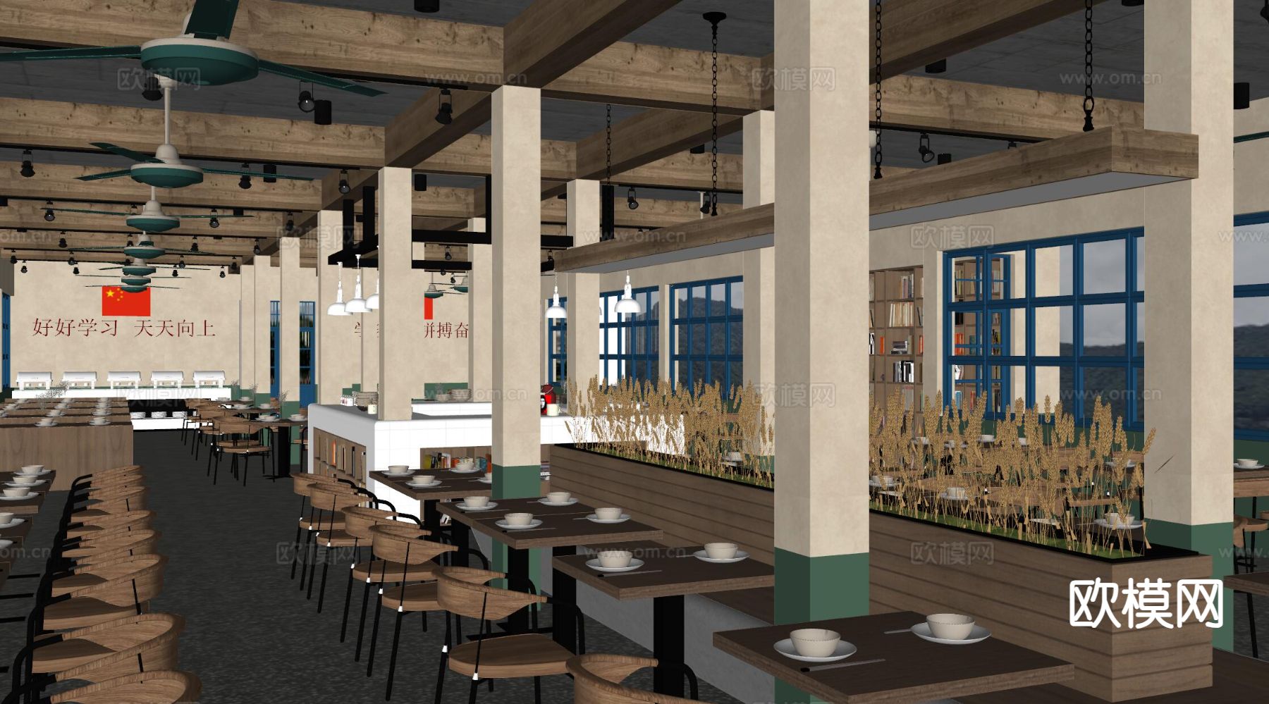 复古风餐厅 食堂su模型下载（渲染图1）