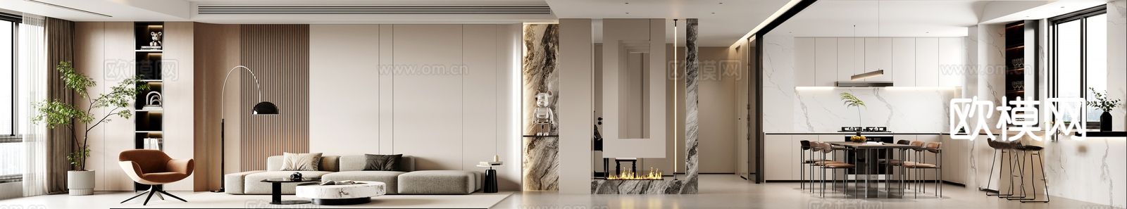 奶油风客餐厅3d模型下载（渲染图3）