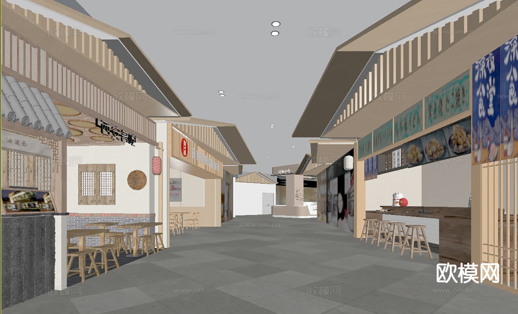 商场餐饮店铺 小吃街 美食街su模型下载（渲染图1）