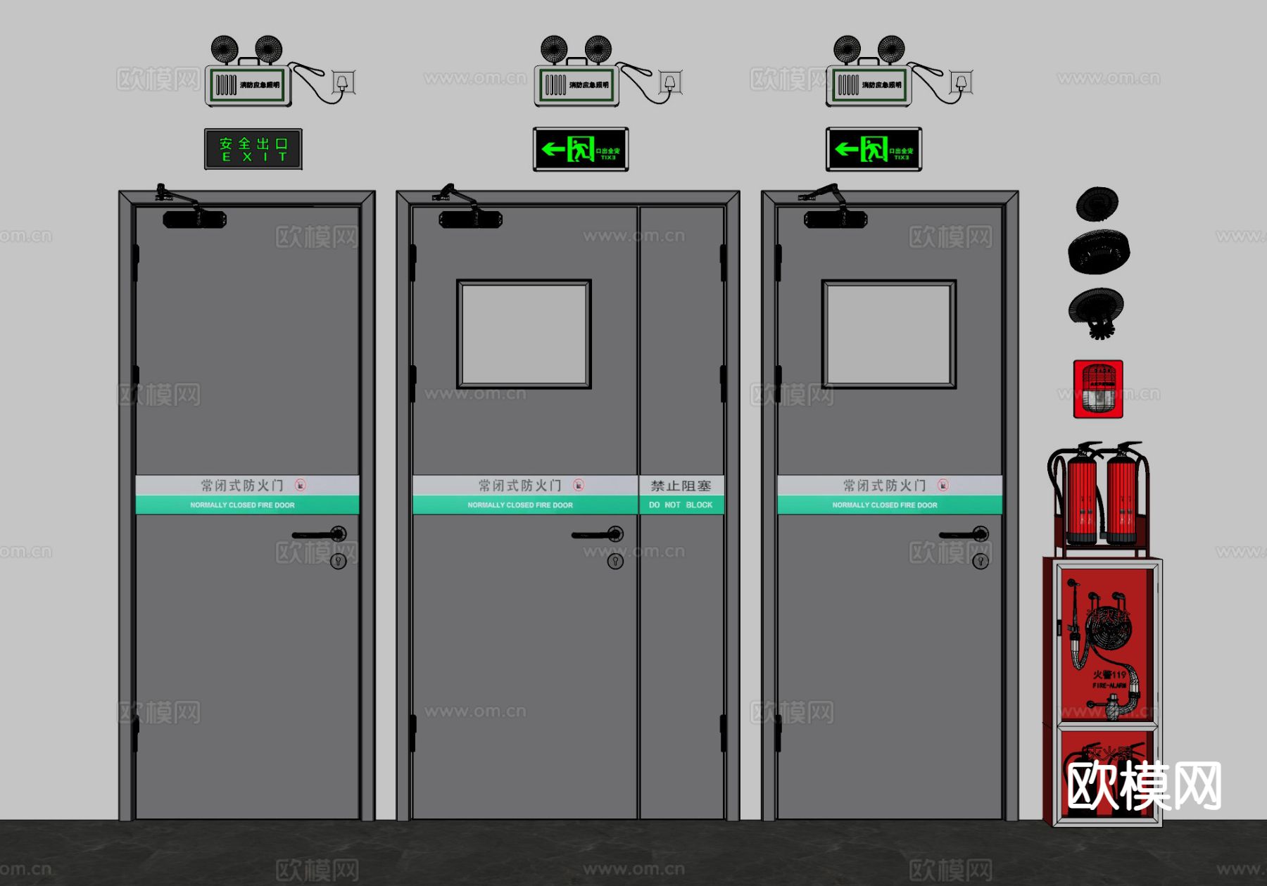 消防栓 防火门 消防器材su模型下载（渲染图1）