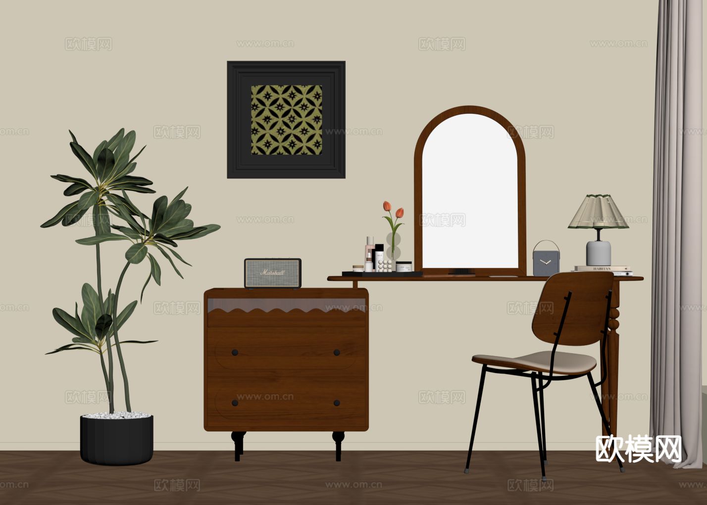 中古风梳妆台su模型下载（渲染图1）