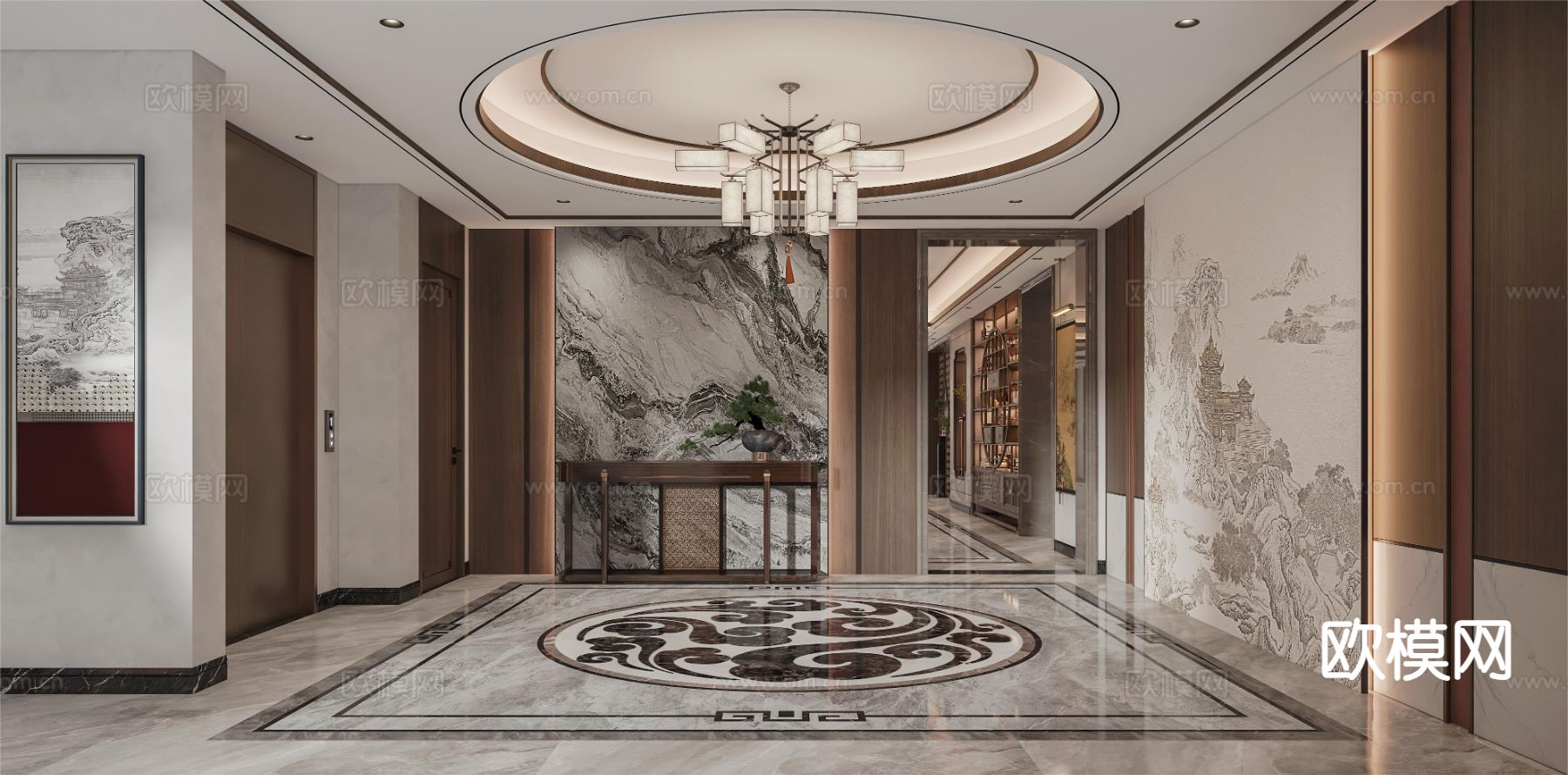 新中式别墅玄关 过道3d模型下载