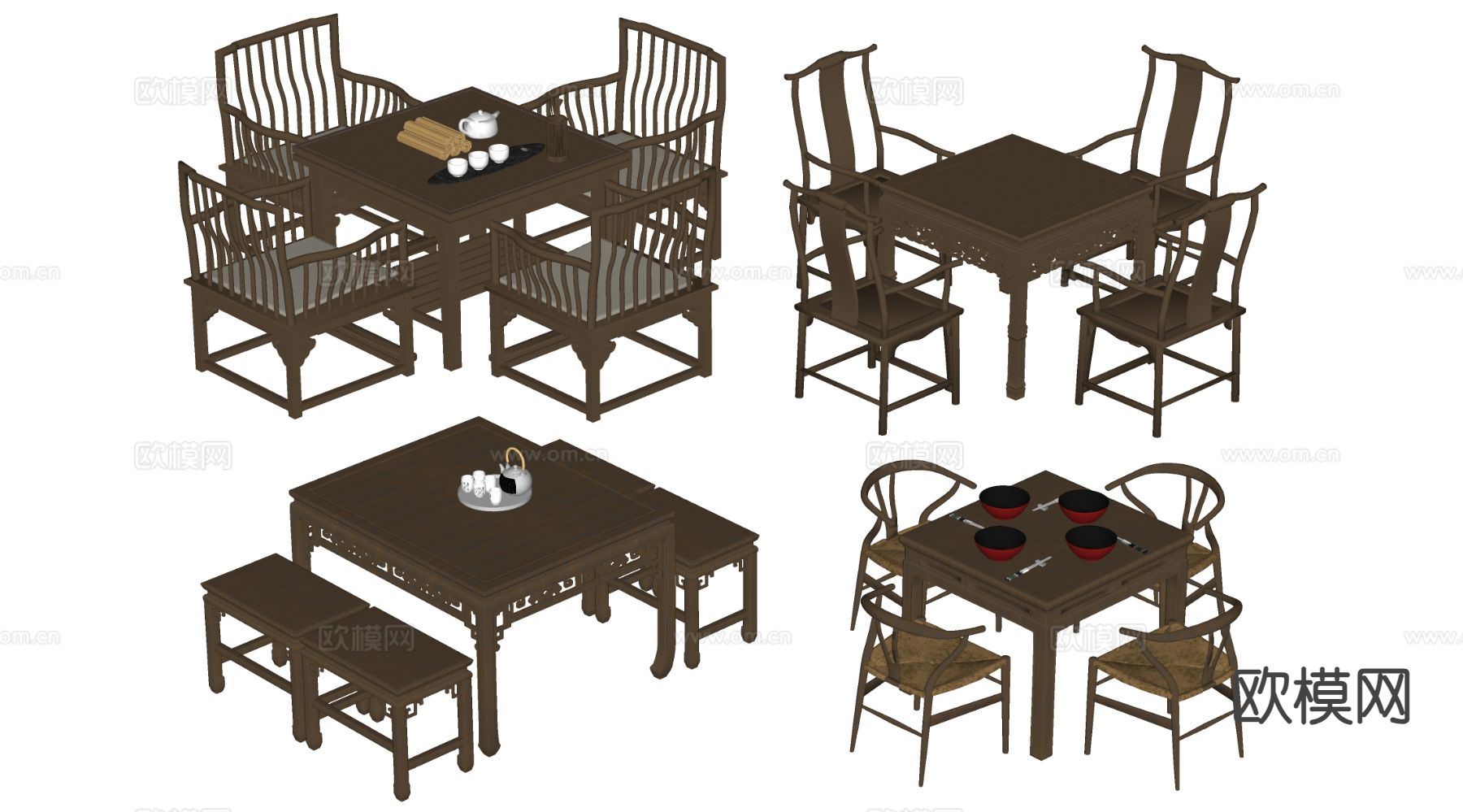 中式八仙桌 茶桌椅su模型下载（渲染图1）