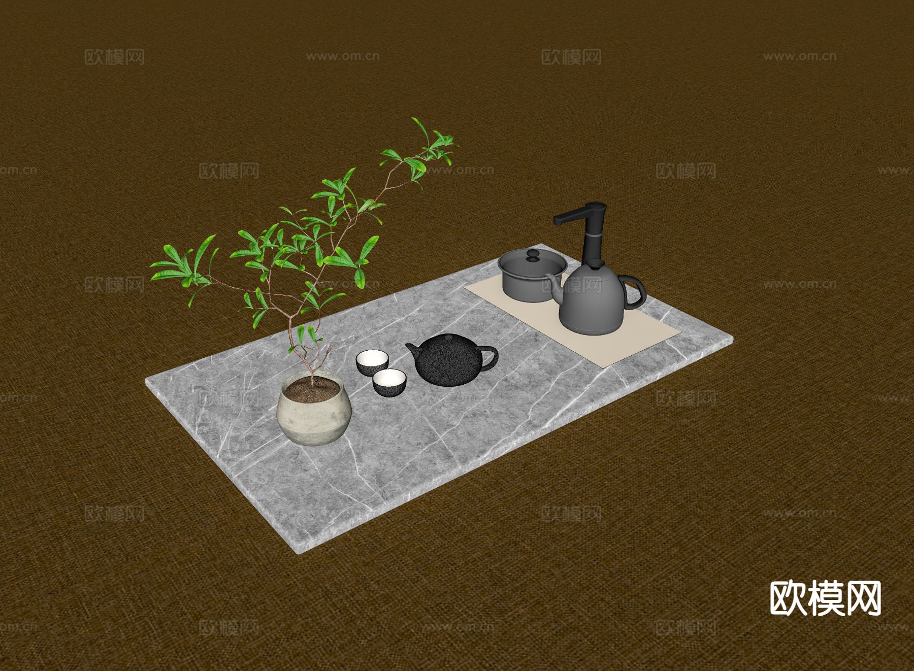 现代茶具 热水壶 茶壶 盆栽su模型下载（渲染图1）