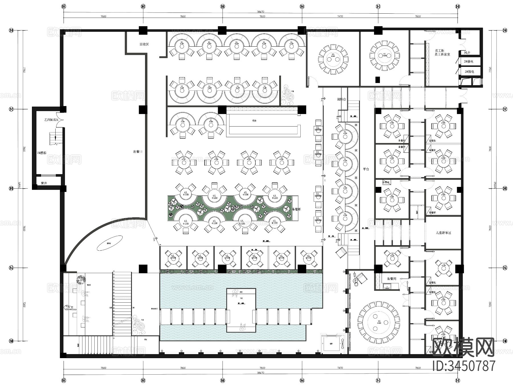 拙人营造万达绿茶网红餐厅cad平面图下载