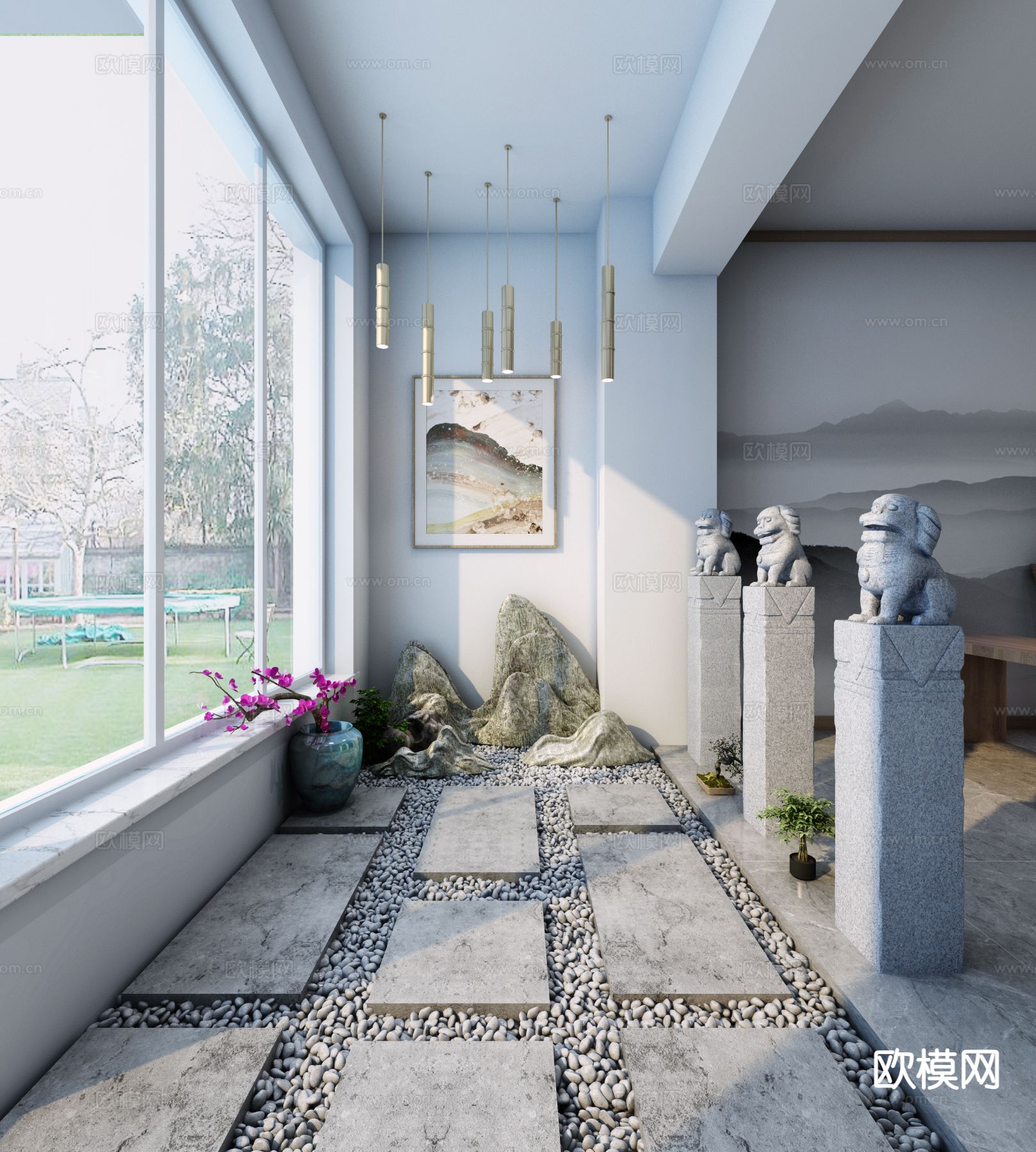 新中式阳台 枯山水景观3d模型下载