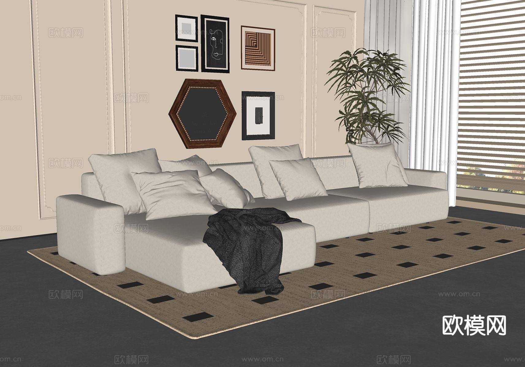 中古风多人沙发su模型下载（渲染图1）