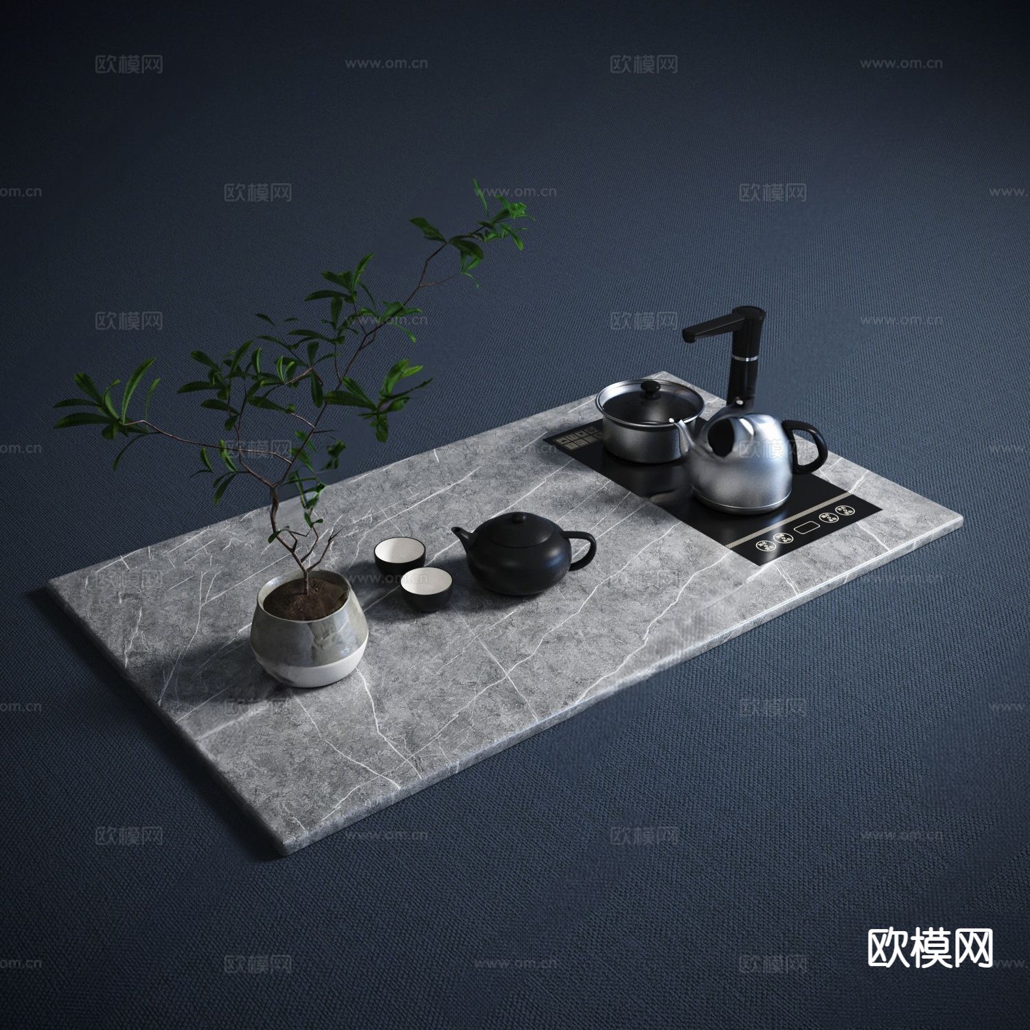现代茶具 热水壶 茶壶 盆栽su模型下载（渲染图2）