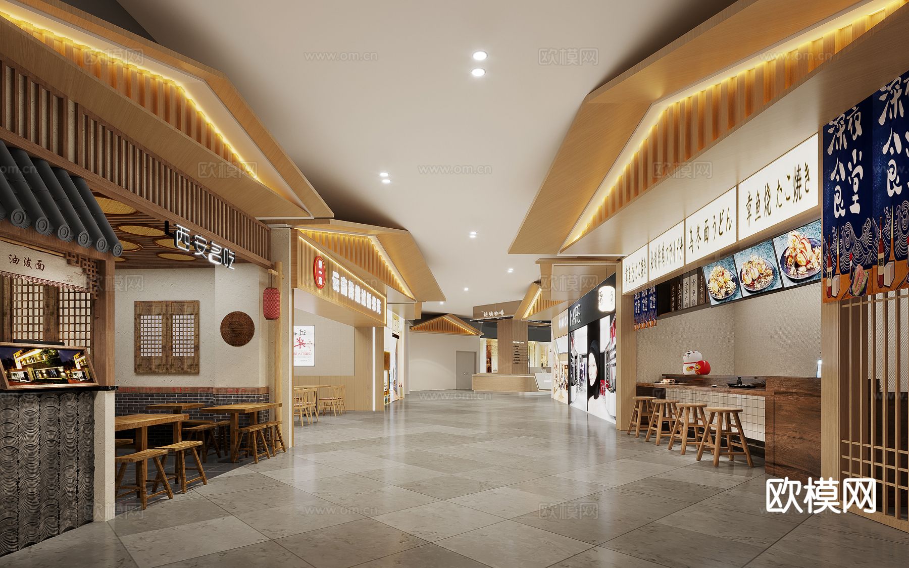 商场餐饮店铺 小吃街 美食街su模型下载（渲染图2）