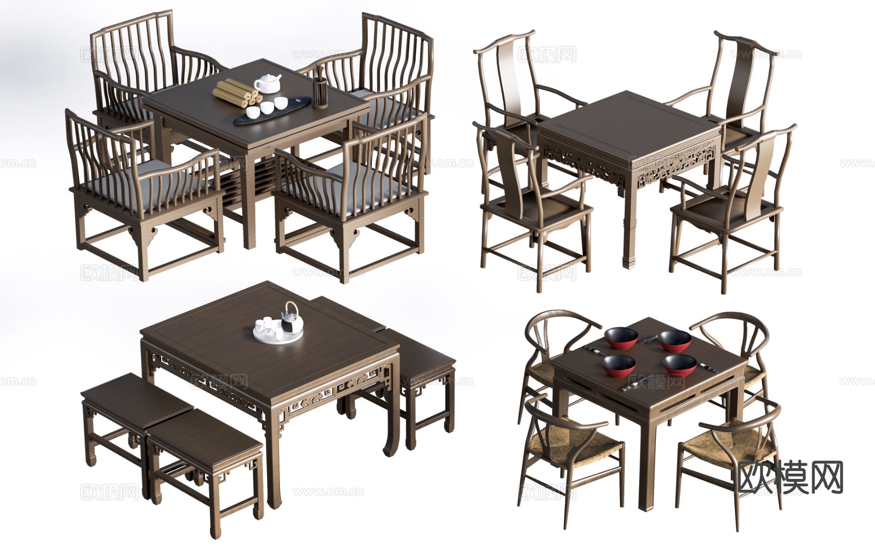 中式八仙桌 茶桌椅su模型下载（渲染图2）