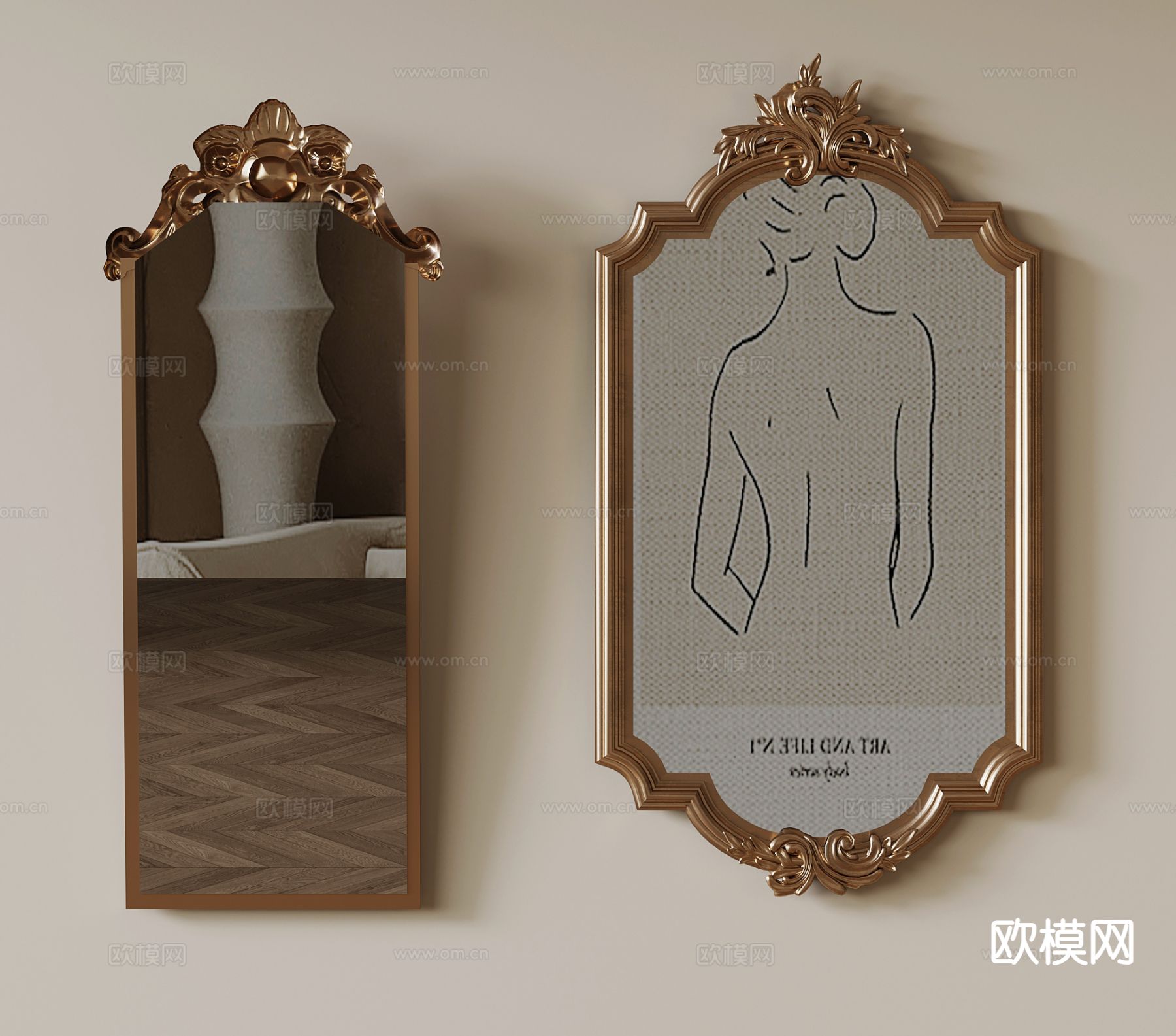 法式镜子 化妆镜 装饰镜su模型下载（渲染图2）