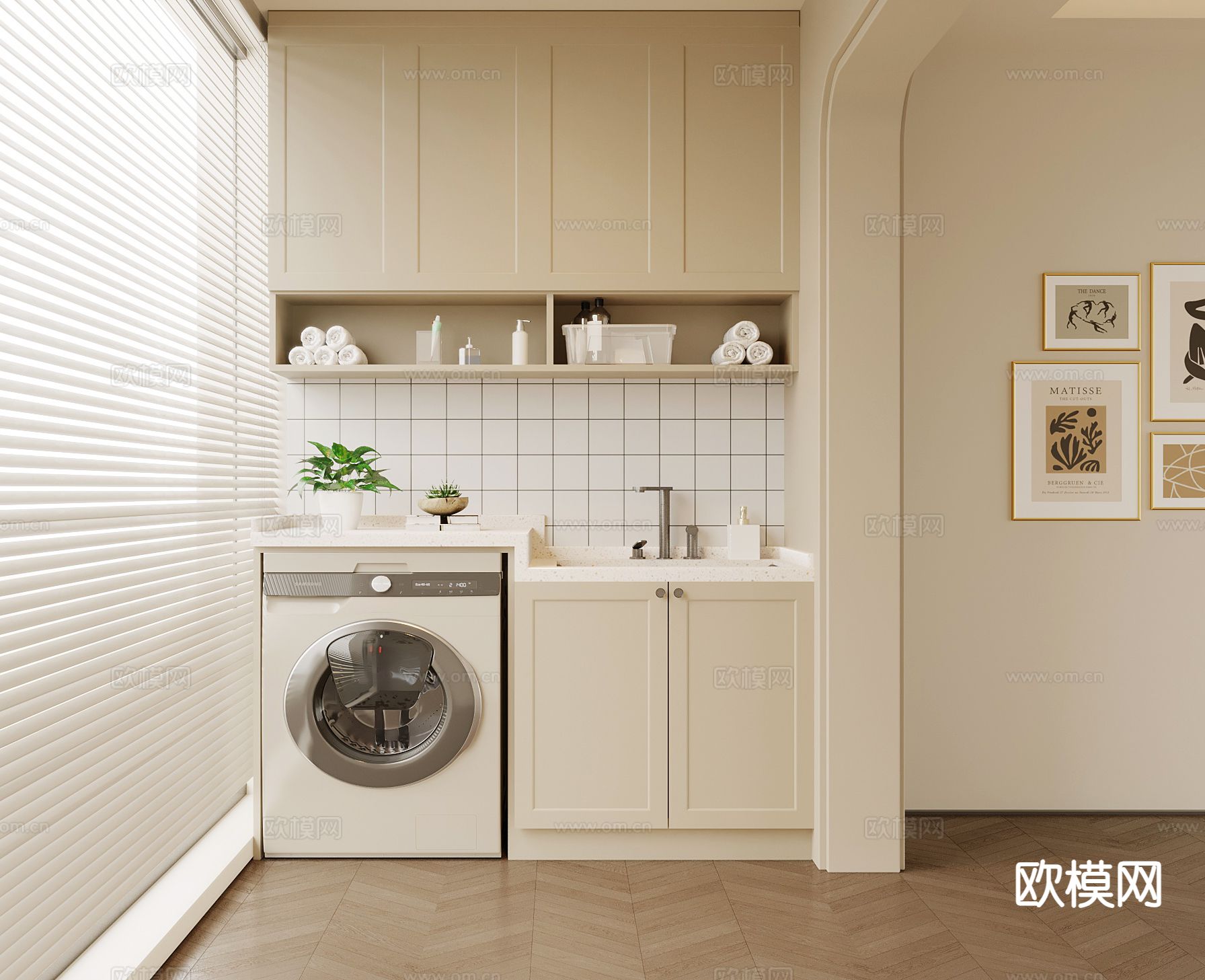 奶油风阳台柜 洗衣柜3d模型下载