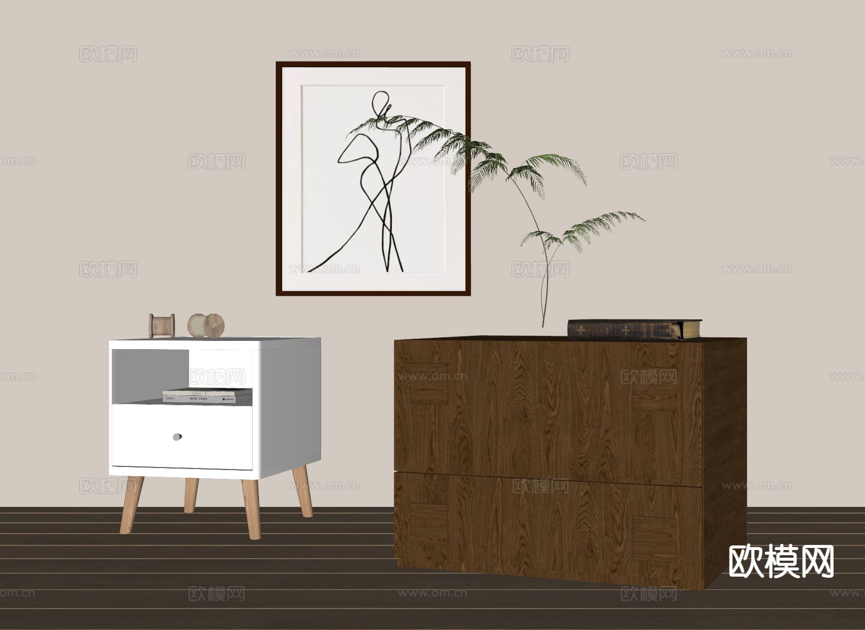 北欧床头柜su模型下载（渲染图1）