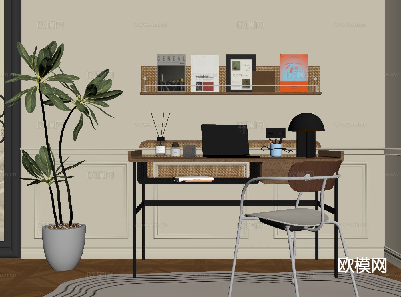中古风书桌椅su模型下载（渲染图1）