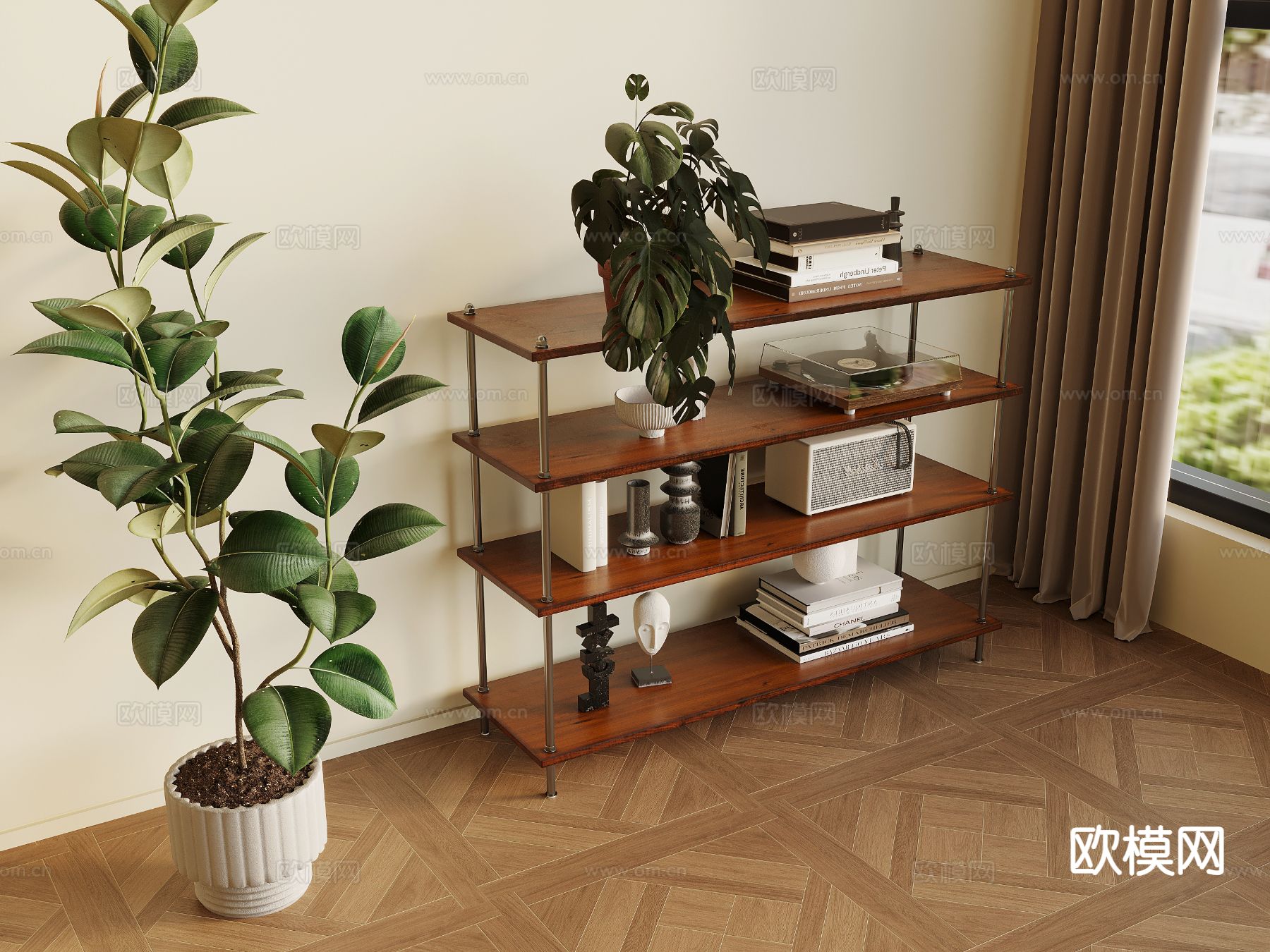 中古风书架 置物架su模型下载（渲染图2）