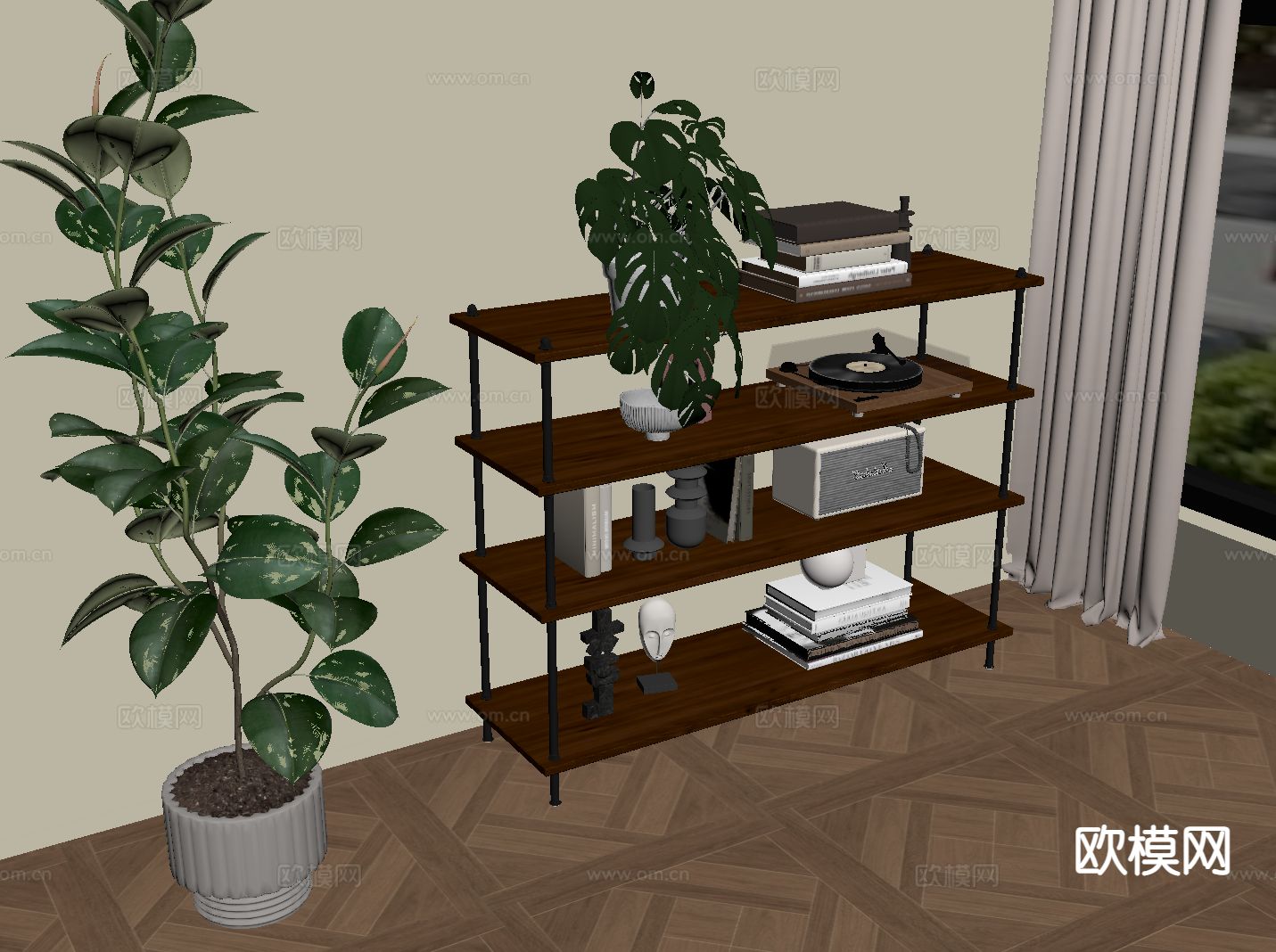 中古风书架 置物架su模型下载（渲染图1）