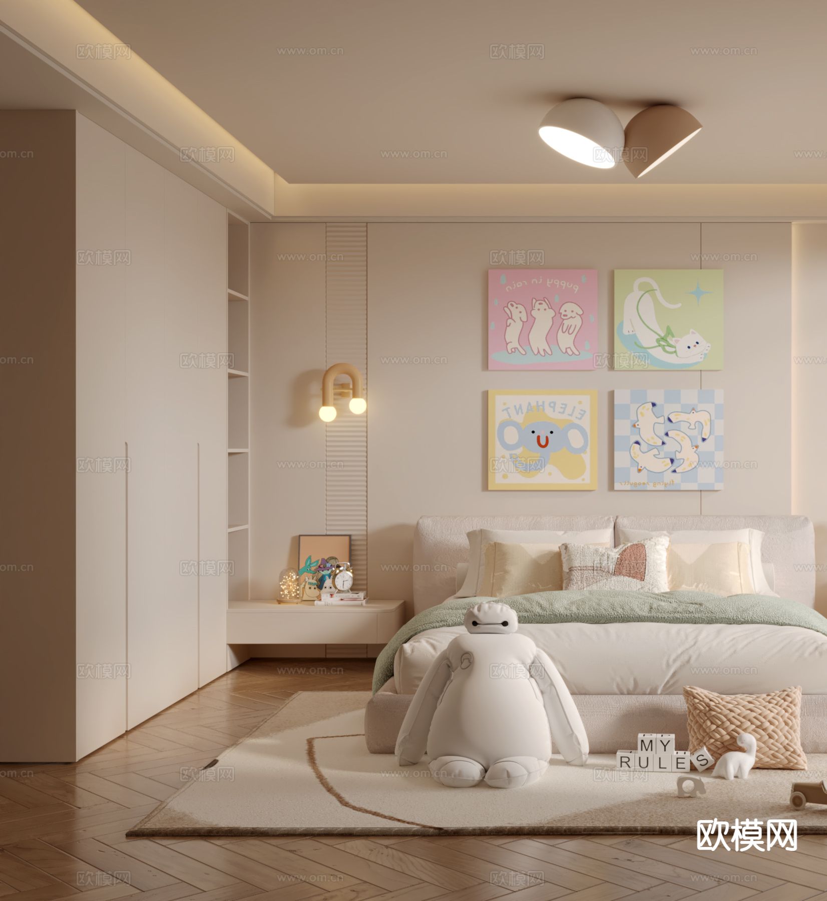 奶油风儿童房 小孩房 女孩房3d模型下载（渲染图2）