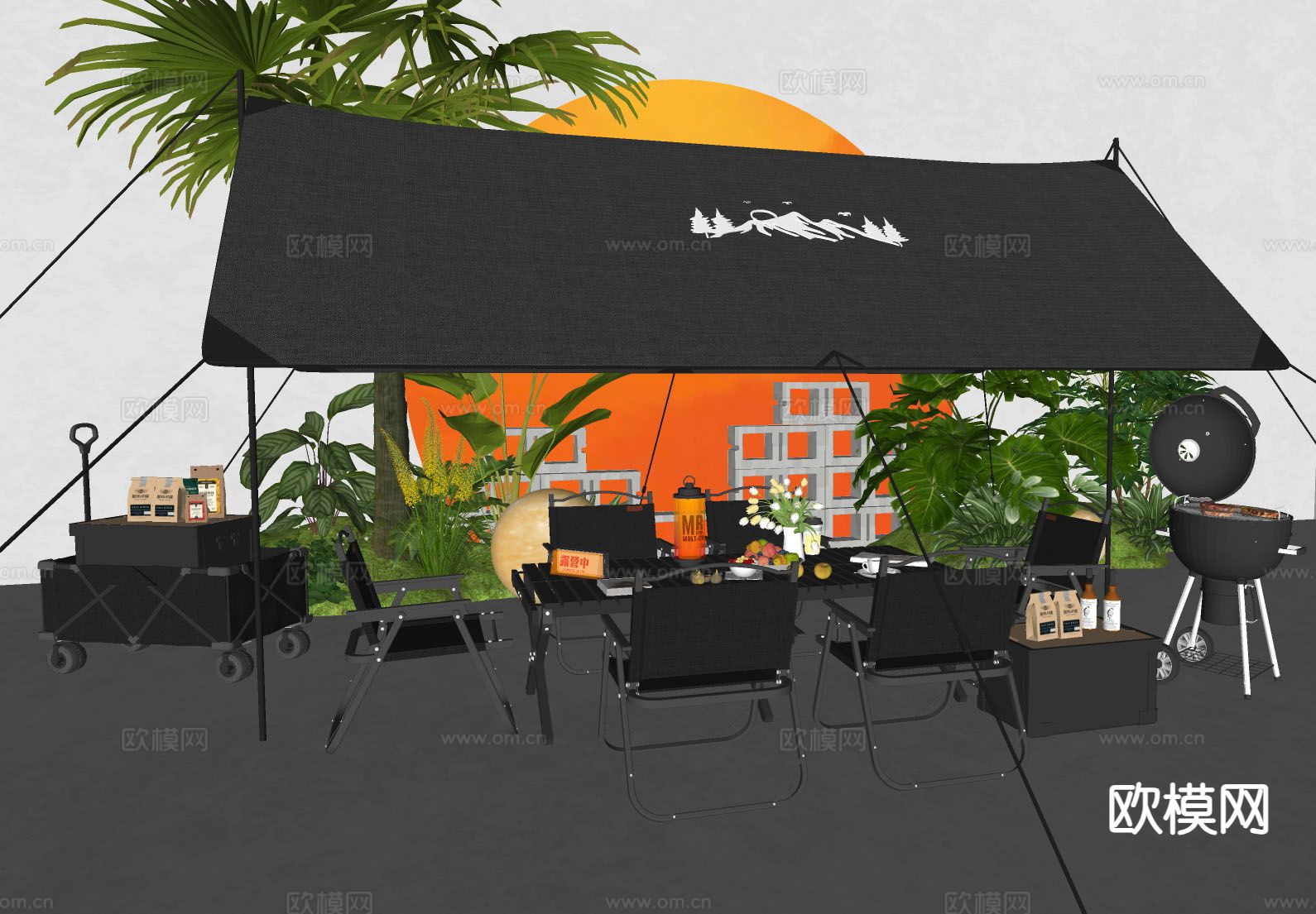 现代露营外摆 户外桌椅su模型下载（渲染图1）