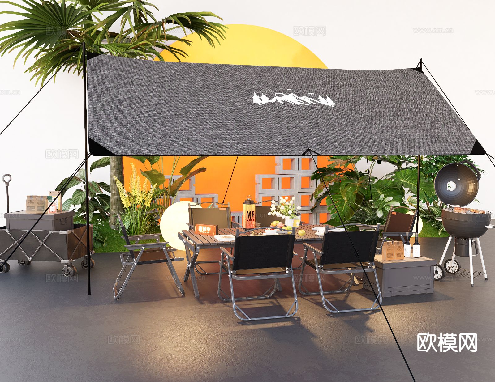 现代露营外摆 户外桌椅su模型下载（渲染图2）