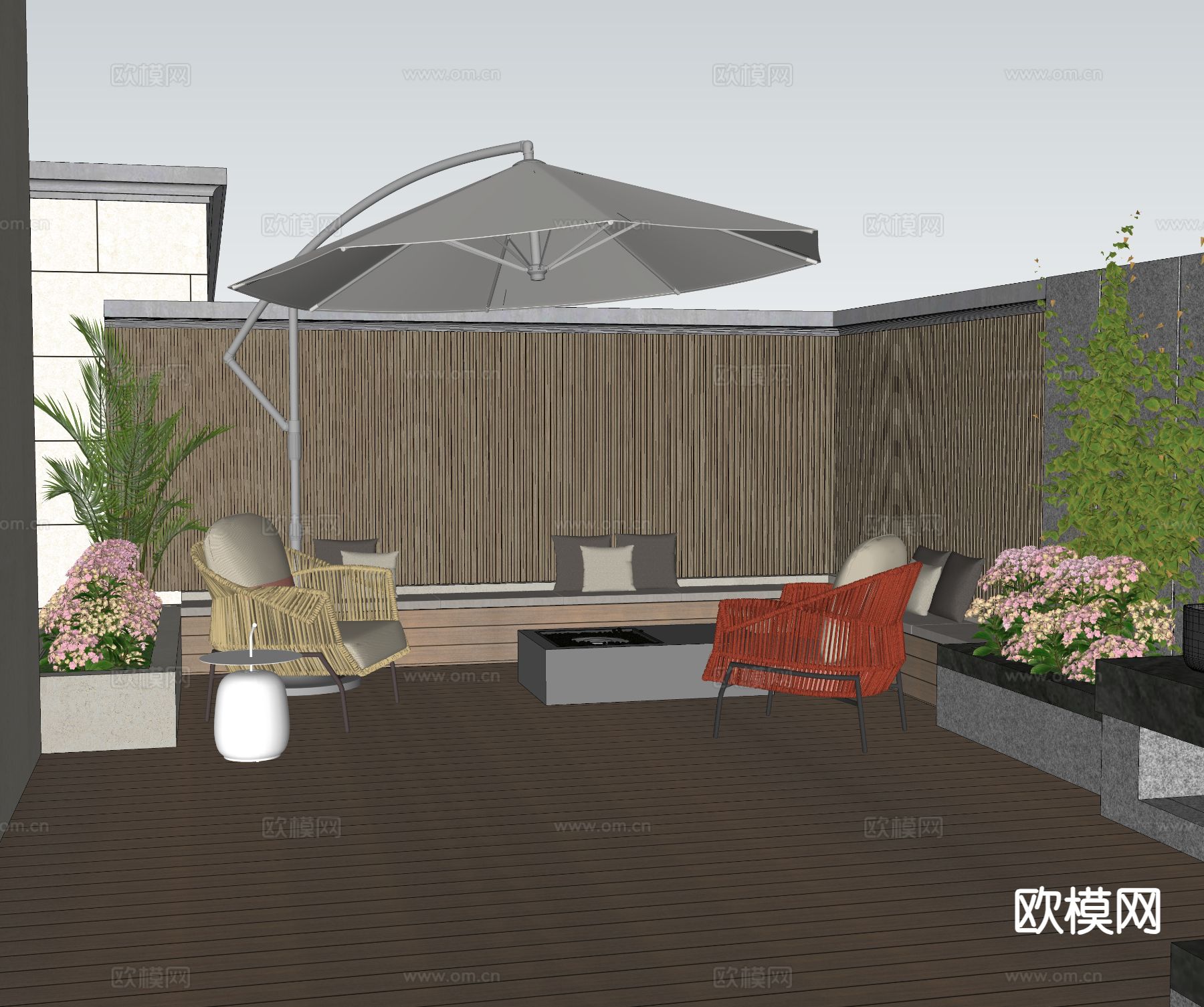 现代户外遮阳伞 户外休闲椅su模型下载（渲染图1）