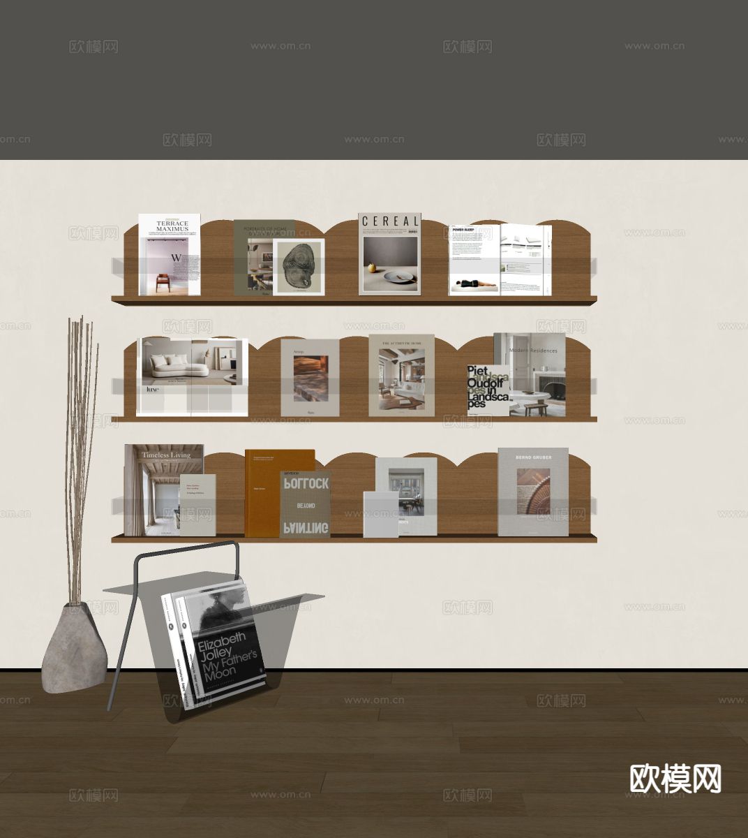 现代吊柜 壁挂书架 杂志架su模型下载（渲染图1）