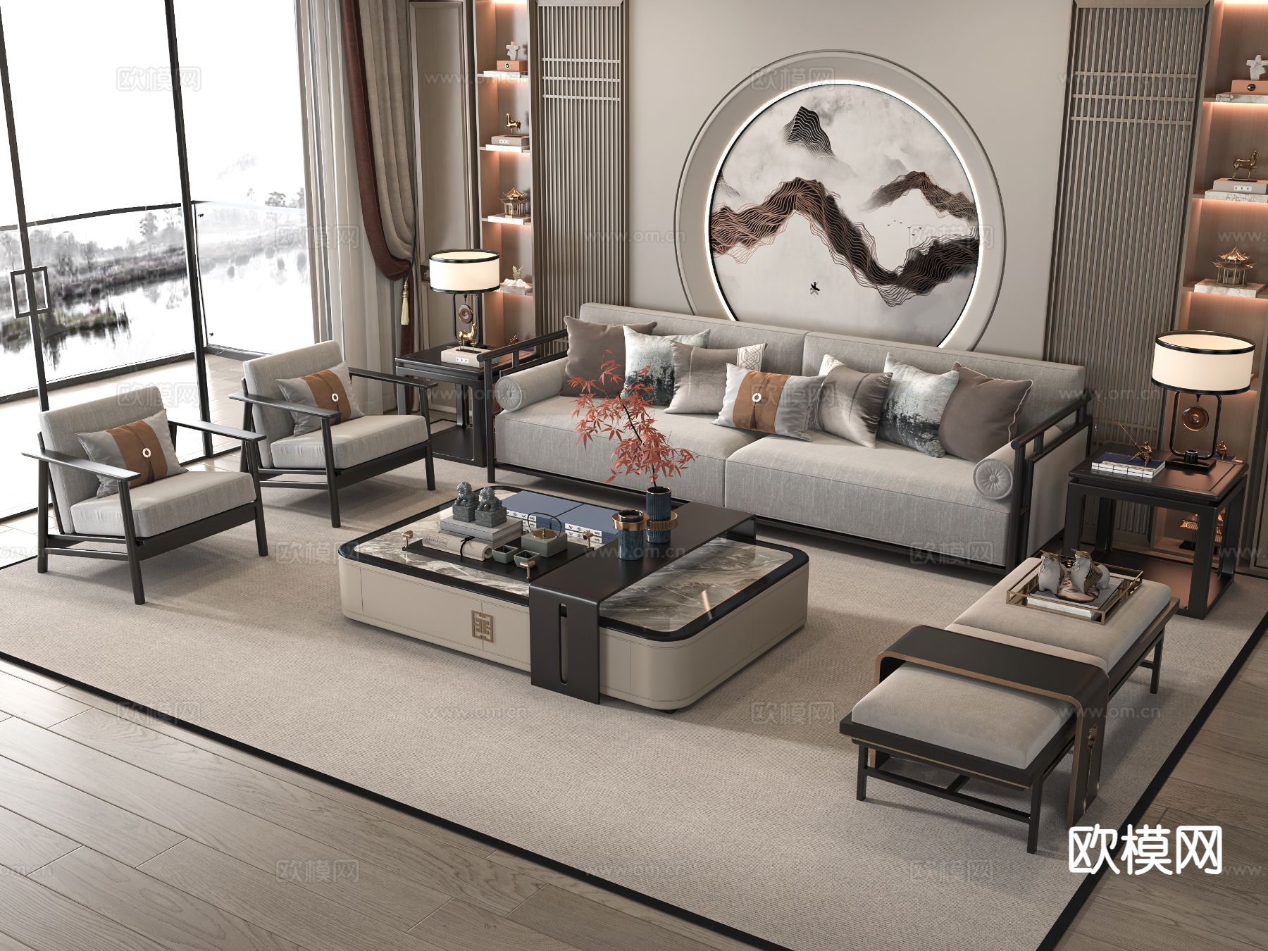 新中式组合沙发su模型下载（渲染图2）