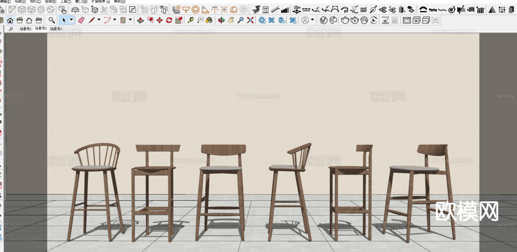 中古风吧椅 吧凳 高脚凳su模型下载（渲染图1）