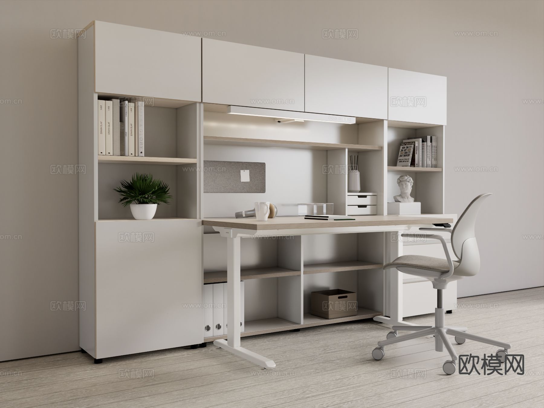 奶油风书桌椅 书柜su模型下载（渲染图2）