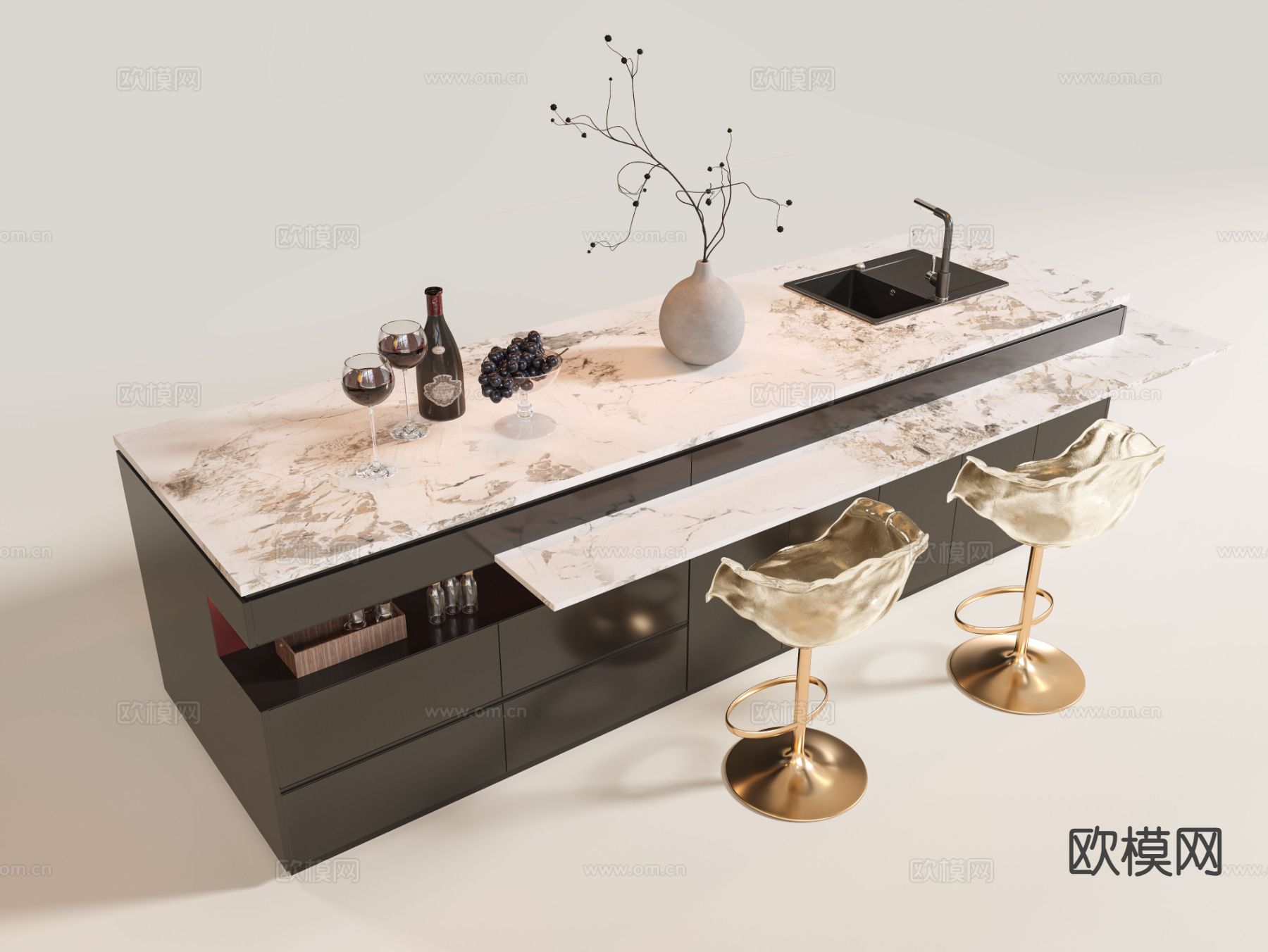 轻奢吧台 吧椅 中岛台su模型下载（渲染图2）